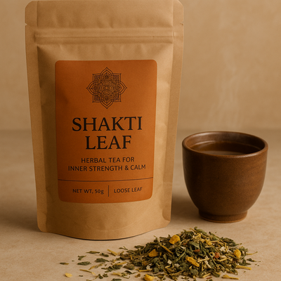 Shakti Leaf tea package with loose tea leaves and a cup on a beige background